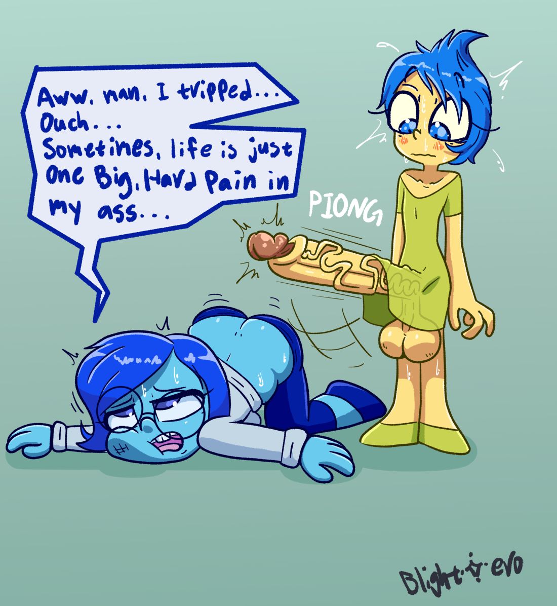 1girl 2024 2_girls all_fours ass balls big_ass big_ass big_balls big_penis blightstar blue_body blue_eyes blue_hair blue_skin blush clothesed clothes dialogue disney dress duo duo_female duo_focus erection face_down_ass_up fully_clothed futanari futanari_on_female نظارات huge_cock humanoid humanoid_penis inside_out inside_out_2 joy_(inside_out) large_penis mostly_clothed pants penis pixar sadness_(inside_out) shirt short_hair short_female standing sweater testicle text text_bubble yellow_body yellow_skin