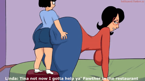 1futa 1girl age_difference elderly_up anal anal_penetration big_breasts black_eyes black_hair blue_pants blue_skirt bob&#039;s_burgers daughter doggy_position english_text female_focus hand_on_ass huge_breasts light-skinned_female light-skinned_futanari linda_belcher milf milf mother_&_daughter subtitles tina_belcher