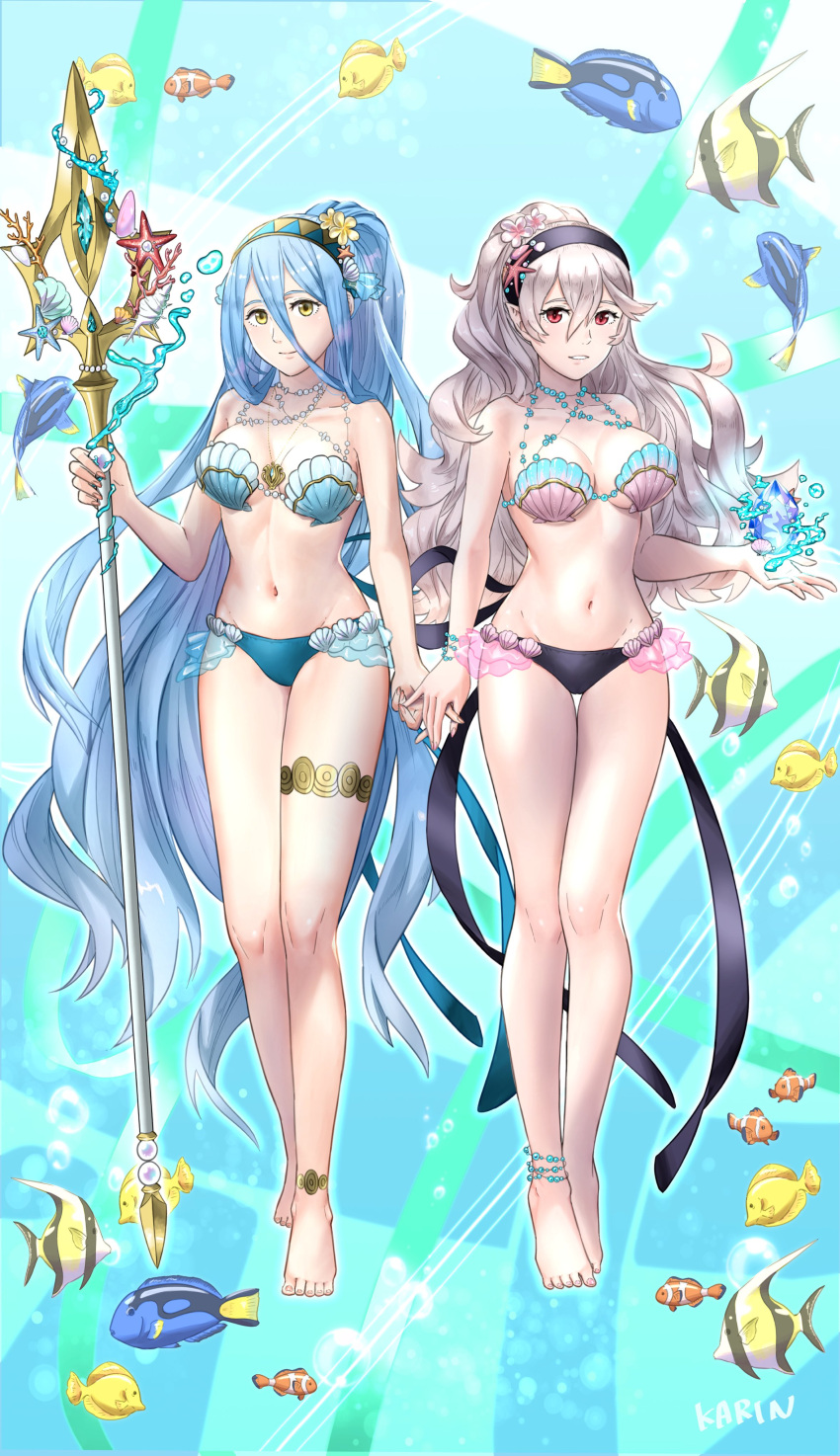 1girl 2_girls 6nutqd2kwd0iqcl absurd_res alluring alternative_costume alternative_hairstyle azura_(fire_emblem) barefoot big_breasts bikini blue_bikini blue_hair blue_swimsuit blue corrin_(fire_emblem)_(female) cosplay feet female_only fire_emblem fire_emblem_cipher fire_emblem_fates fish hair_between_eyes high_resin_hands long_hair medium_breasts multiple_girls navel nintendo official_alternate_costume official_style shell shell_bikini swimsuit toes very_long_hair yellow_eyes