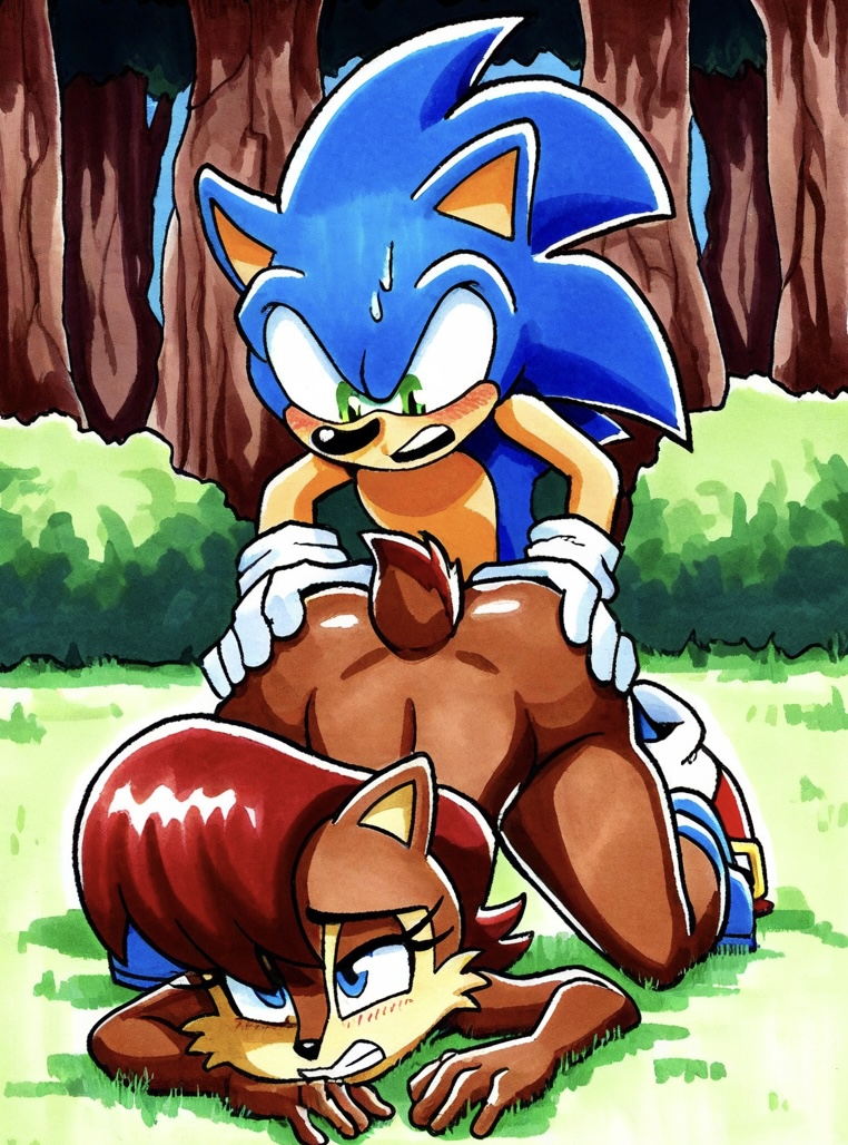 ai_generated archie_comics blue_fur bottomless_female breasts brown_body brown_fur singmunk erinaceinae erinaceinae_humanoid fanart furry green_eyes ground_squirrel hedgehog mammal multicolored_fur navel outdoor_sex red_hair rodent sally_acorn sciurid sega sonic_the_hedgehog sonic_the_hedgehog_(archie) sonic_the_hedgehog_(comics) sonic_the_hedgehog_(series) tan_body tan_fur thick_thigh_thigh_gap video_game_character video_game_franchise