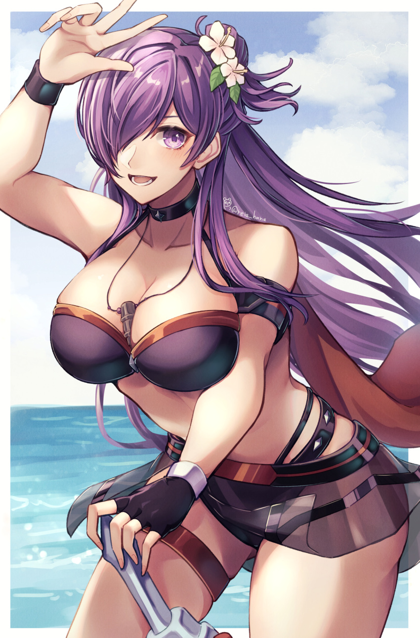 1girl 1girl 1girls absurd_res alternative_costume arm_up armband ass_visible_through_thighs bare_arms bare_shoulders big_breasts bikini black_bikini black_gloves black_swimsuit black_sky blue_sky cloud commentary_request cowboy_shot day female_only fingerless_gloves fire_emblem fire_emblem:_three_houses fire_emblem_heroes fire_emblem_warriors:_three_hopes flower Gloves hair_flower hair_ornament high_res long_hair nintendo ocean official_alternate_costume partial_commentary purple_eyes purple_hair reia_hana shez_(fire_emblem) shez_(fire_emblem)_(female) shez_(summer)_(fire_emblem) single_glove sky standing stomach swimsuit thigh_strap legs very_long_hair water white_flower