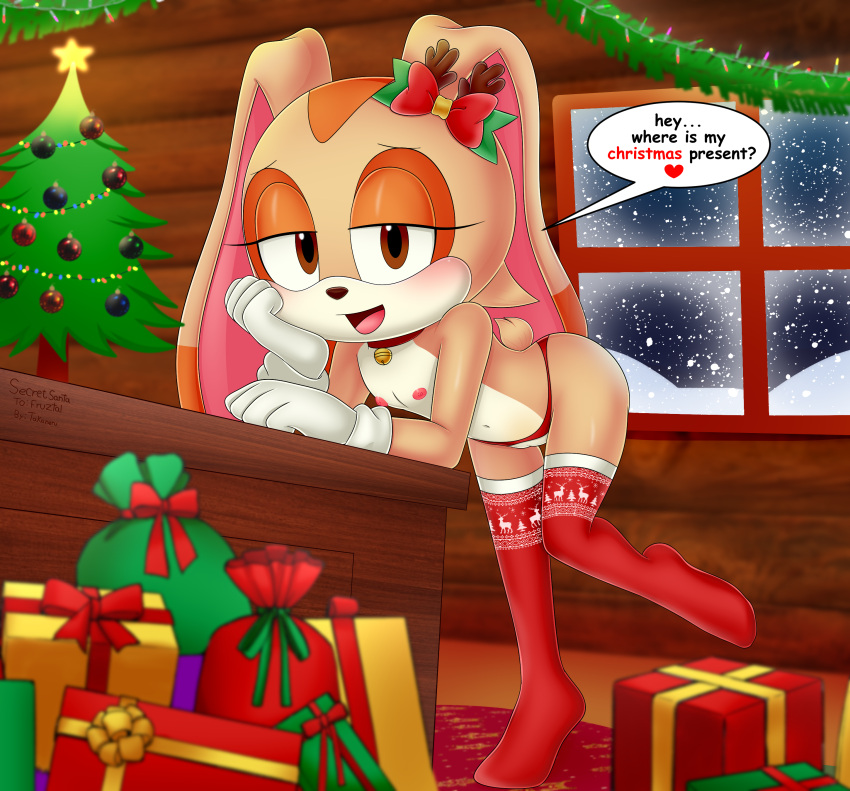 1girl 2020s 2023 absurd_res animal_ears anthro bare_hips bare_shoulders chamber_eyes bell blush box brown_eyes christmas christmas_ornaments christmas_tree cream_the_rabbit cub desk english_text eyelashes female full_body furry furry_female gift gift_box Gloves half-closed_eyes head_on_hand heart high_res hips indoors long_ears looking_at_viewer mobian_(species) navel nipples nude nude_female open_mouth rabbit_humanoid ribbon seductive sega small_breasts smile snow snowing solo sonic_(series) standing standing_on_one_leg stockings stomach tail takaneru white_gloves young