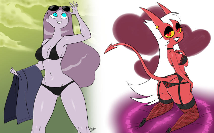 1girl 2_girls adjusting_sunglasses aeolus ass big_ass big_breasts bikini bikini_bottom bikini_top black_bikini black_bra black_eyeshadow black_lips black_lipstick black_panties blue_eyes bottomwear bra breasts cleavage demon demon_girl demon_horns demon_mom_(heluva_boss) demon_tail eyeshadow female_only fishnet_legwear fishnets footwear garter_belt garter_straps hair half-closed_eyes heart helluva_boss high_heels high_heels hips horns lace lace-trimmed_brain_trimmed legwear lingerie lips lipstick little_vampire long_hair looking_back mature mature_female mature_woman milf milf neckwear pandora_(little_vampire) panties piercing piercings purple_hair red_body red_eyes red_skin smile stockings sunglasses نظارة شمسية على الرأس ذيل فخذين سميكين فخذين ملابس علوية منشفة شعر أبيض صلبة صفراء