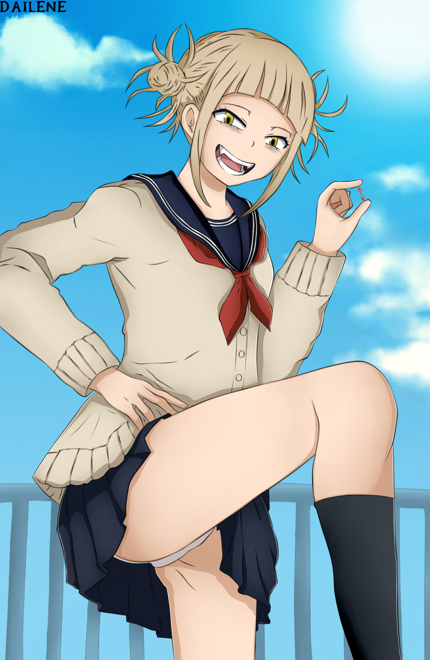 1girl 2019 artist_name ass bags_under_eyes bare_legs black_socks blonde blonde_hair blue_background blue_skirt breasts cardigan clothesed clothesed_female clothes cloud clouds color dailene day digital_media_(artwork) double_bun eye_contact female_domination female_focus female_only femdom sword grin hair hair_bun half-closed_eyes himiko_toga human humiliated humiliation knee_socks kneehighs kneesocks leg_lift legs light-skinned_female light_skin looking_at_viewer looking_down motion_lines my_hero_academia open_mouth outside panties pantyshot pantyshot_(standing) pinching_gesture pov pov_eye_contact railing school_uniform schoolgirl schoolgirl_uniform serafuku sharp_teeth shirt short_hair shounen_jump Skirt sky small_breasts small_penis_gesture قضيب صغير إذلال ابتسامة جوارب ساقان متباعدتان واقفًا واقفًا على ساق واحدة سترة أسنان نص أفخاذ سميكة لسان زي موحد تنورة تحتية علامة مائية سراويل داخلية بيضاء أرداف واسعة يانديري عيون صفراء