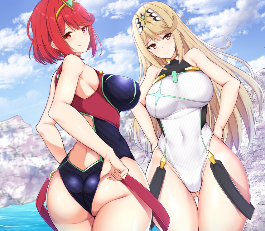 2_girls adjusting_clothes adjusting_swimsuit luuring ass back_cutout bangs bare_shoulders big_ass big_breasts black_swimsuit blonde_hair blue_sky_sky blush closed_mouth cloud colour_stripes covered_collarbone covered_navel cowboy_shot curvy day diagonal_stripes dual_persona dutch_angle Earrings emerald_(gemstone) veils_visible_through_hair female_focus from_behind gem gluteal_fold gradient_hair groin hair_ornament halterneck hand_on_hip high_res jewelry legs_together light_brown_smile light_long_hair looking_at_viewer looking_back_matching_hair/eyes multicolored_hair multiple_girls mythra nintendo noeomi one-piece_bikini outside presenting_hindquarters pyra raised_eyebrows red_eyes red_hair rock short_hair خصلات جانبية، بشرة، ابتسامة، سماء، شعر مستقيم، حزام، مخطط، ملابس سباحة مخططة، خصلات شعر منسدلة، ملابس سباحة، أفخاذ سميكة، فخذين، تاج، رقبة مدورة، جذع ملتوي، شعر طويل جدًا، ماء، ملابس سباحة بيضاء، أرداف عريضة، xenoblade_(series) xenoblade_chronicles_2، عيون صفراء