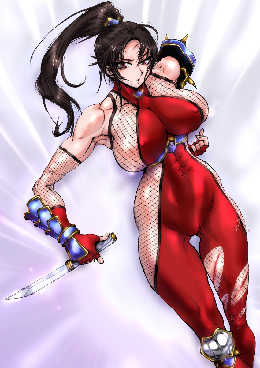 1girl 2022 abs_visible_through_clothing absurd_resulting alluring athlete_female big_breasts bodysuit brown_hair female_abs female_only fishnets fit fit_female kunoichi long_hair looking_at_viewer ninja nipple_bulge ponytail project_soul red_bodysuit red_eyes soul_calibur soul_calibur_ii soul_calibur_iii soul_calibur_vi taki very_high_resolution wide_hips yuri-ai yuri_ai