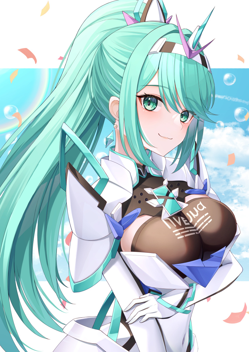 1girl absurd_res جذابة arm_up armor big_breasts black_bodysuit bodysuit cloud confetti core_crystal_(xenoblade) Earrings green_eyes green_hair high_ponytail high_res jewelry kaede_(maple4rt) long_hair looking_at_viewer pneuma_(xenoblade) smile tiara white_armor xenoblade_(series) xenoblade_chronicles_2