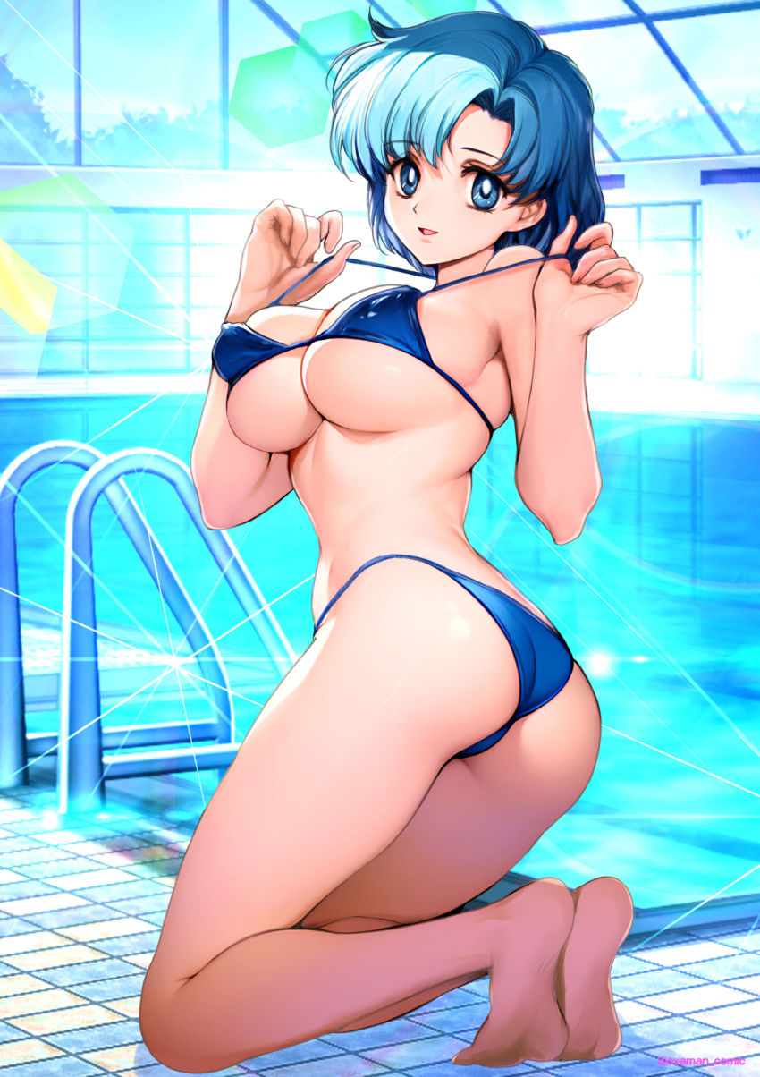 1girl 1girl مغرية اسم الفنان الحمار عارية الذراعين عارية الأكتاف حافي القدمين big_breasts بيكيني bishoujo_senshi_sailor_moon blue_bikini blue_eyes blue_hair الانقسام commentary_request day قدم full_body Hands_up High_res Highleg Highleg_bikini في الداخل راكع look_at_viewer look_back mizuno_ami oyaman Pool_ladder pulling_own_clothes short_hairتوقيع simple_back ابتسامة الأرض باطن السباحة ملابس السباحة الفخذين أصابع القدم الملتوية_الجذع الماء