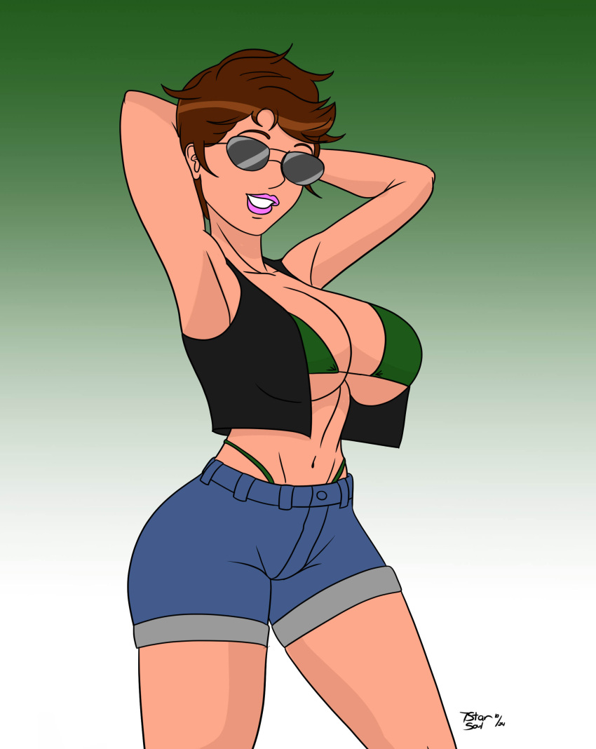 7starsoul alison_r_hart_burnett Arms_up Artist_signature big_breasts bikini_top breasts brown_hair Commission Commissioner_upload Denim_shorts gi_joe Gloves Hands_behind_head lady_jaye Looking_at_viewer شورت نظارات شمسية tinted_eyewear سترة