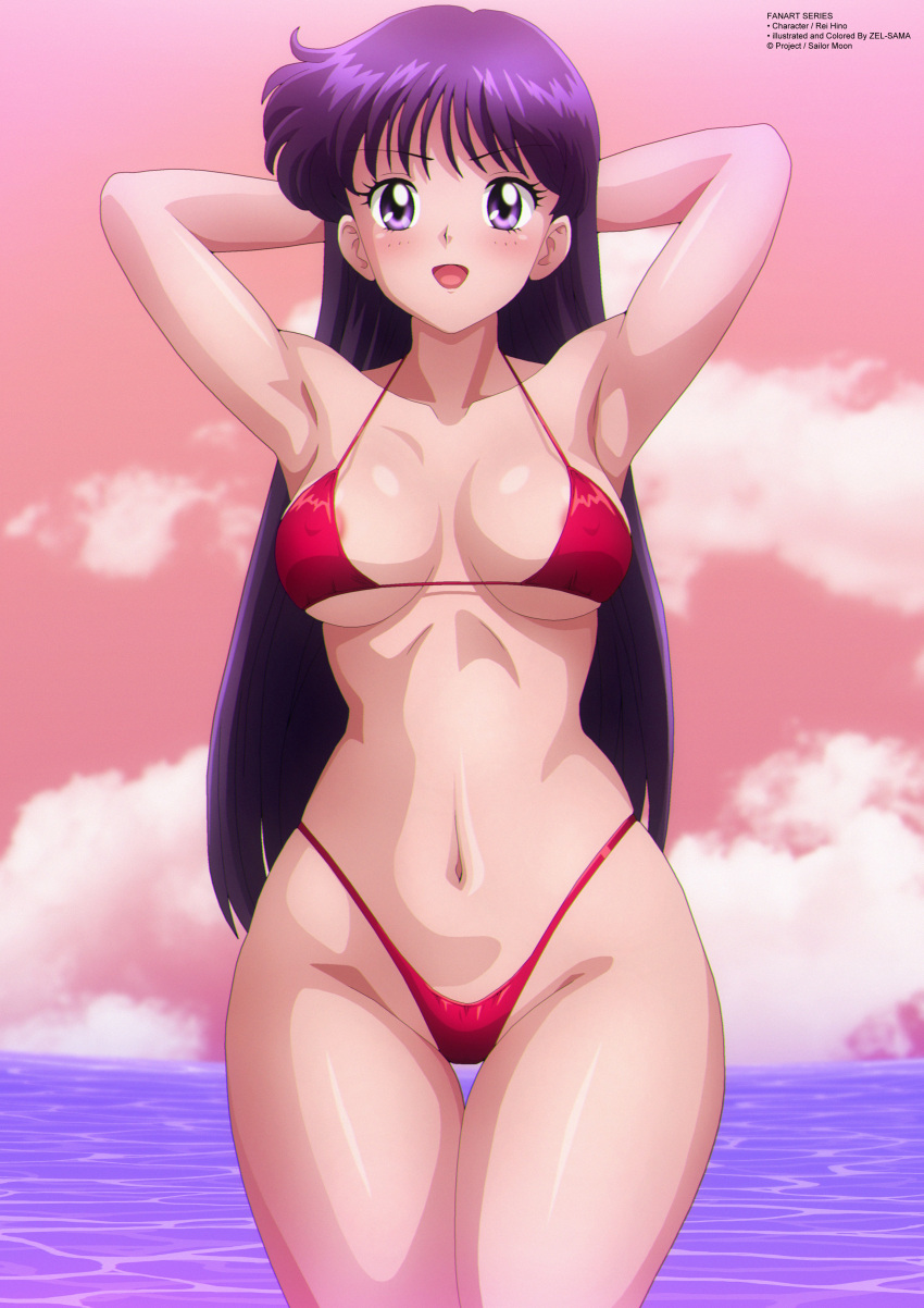 1فتاة سخيفة_res مغرية اسم الفنان عارية الساقين الشاطئ big_breasts بيكيني bishoujo_senshi_sailor_moon black_hair انقسام عالية الدقة الحلمات محيط pin_up purple_hair rei_hino ملابس السباحة غروب الشمس toei_animation under_boob zel-sama