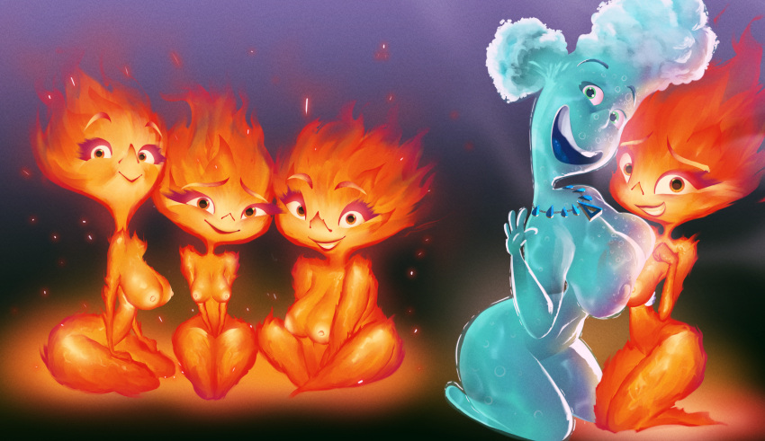 1girl absurd_res absurd_res الهالة big_breasts breast_press breast_size_difference breasts breasts_out brook_ripple cinder_lumen Coolinker Disney Elemental_(pixar) ember_lumen fire green_eyes group High_res inker_comics inkershike milf multiple_girls قلادة حلمات عارية بيكسار عيون حمراء Small_breasts smile غير معروف_حرف ماء يوري
