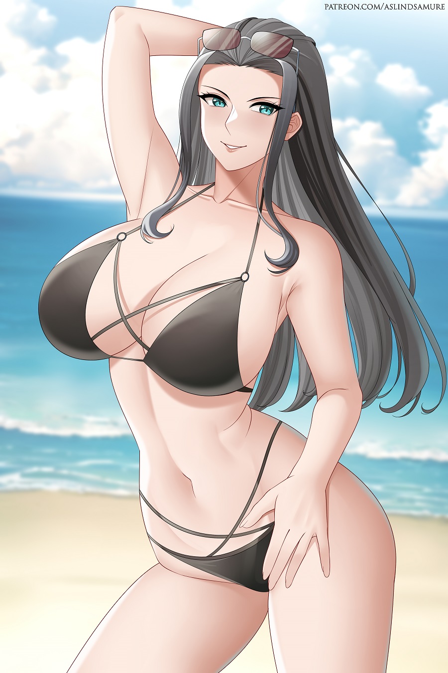 1فتاة مغرية aslind_samure aslindsamure شاطئ كبير_الصدور_أسود_شعر_أزرق_عيون زرقاء_سماء انقسام nico_robin محيط قطعة واحدة دبوس_up تظاهر