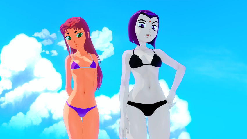 1girl 2_girls 3d 3d_ (العمل الفني) bikini black_bikini black_swimsuit butts69420 dc_comics female_only high_res inlusion_soft koikatsu أقدم agn_female purple_bikini purple_swimsuit raven_
