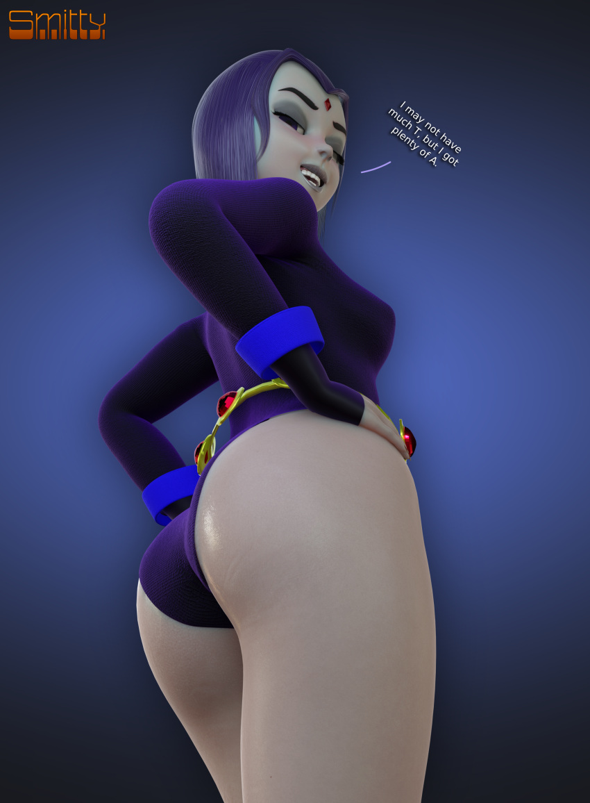 3D 3D_ (العمل الفني) ASS BIG_ASS BIG_ASS blender_ (software) dat_ass dc_comics goth goth_girl grey_body grey_skin hand_on_hip leotard looking_back low-angle_view pale-skinned_female purple_hair rachel_roth raven_ (dc)
