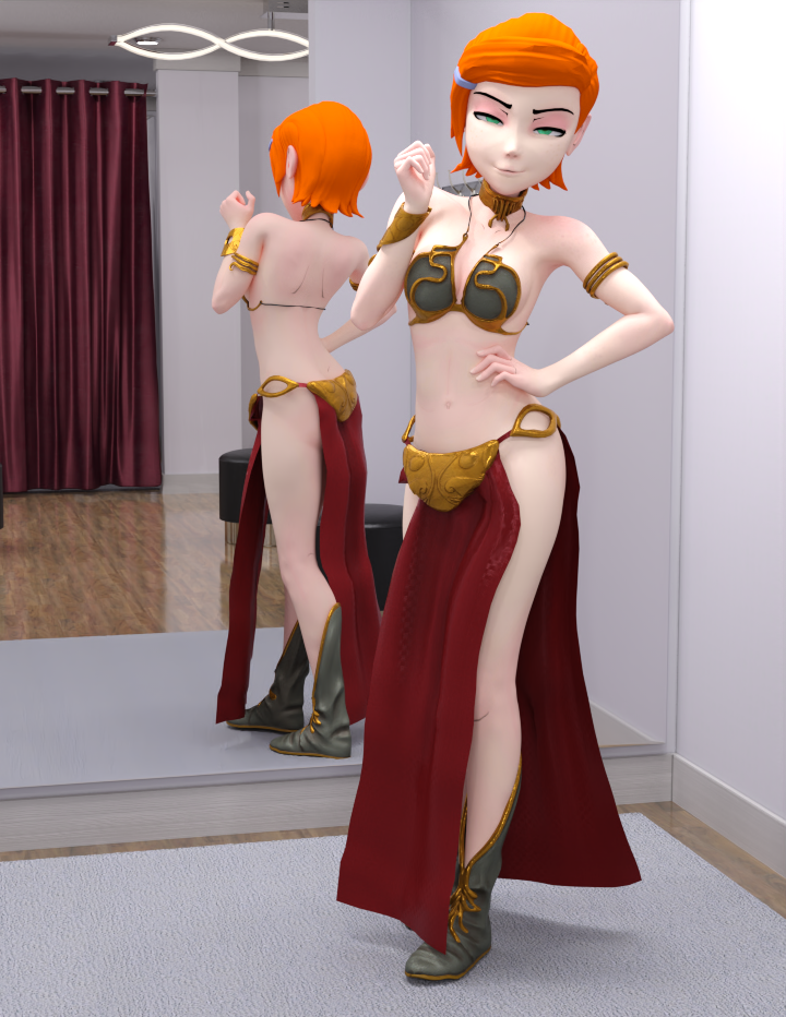 1girl 3d 3d_ (العمل الفني) ben_10 cartoon_network cosplay daz3d daz_studio disney reard_room female_only full_body green_eyes gwen_tennyson hand_on_hip mirror_reflection pin3d pose slave_leia_ (cosplay) solo_female
