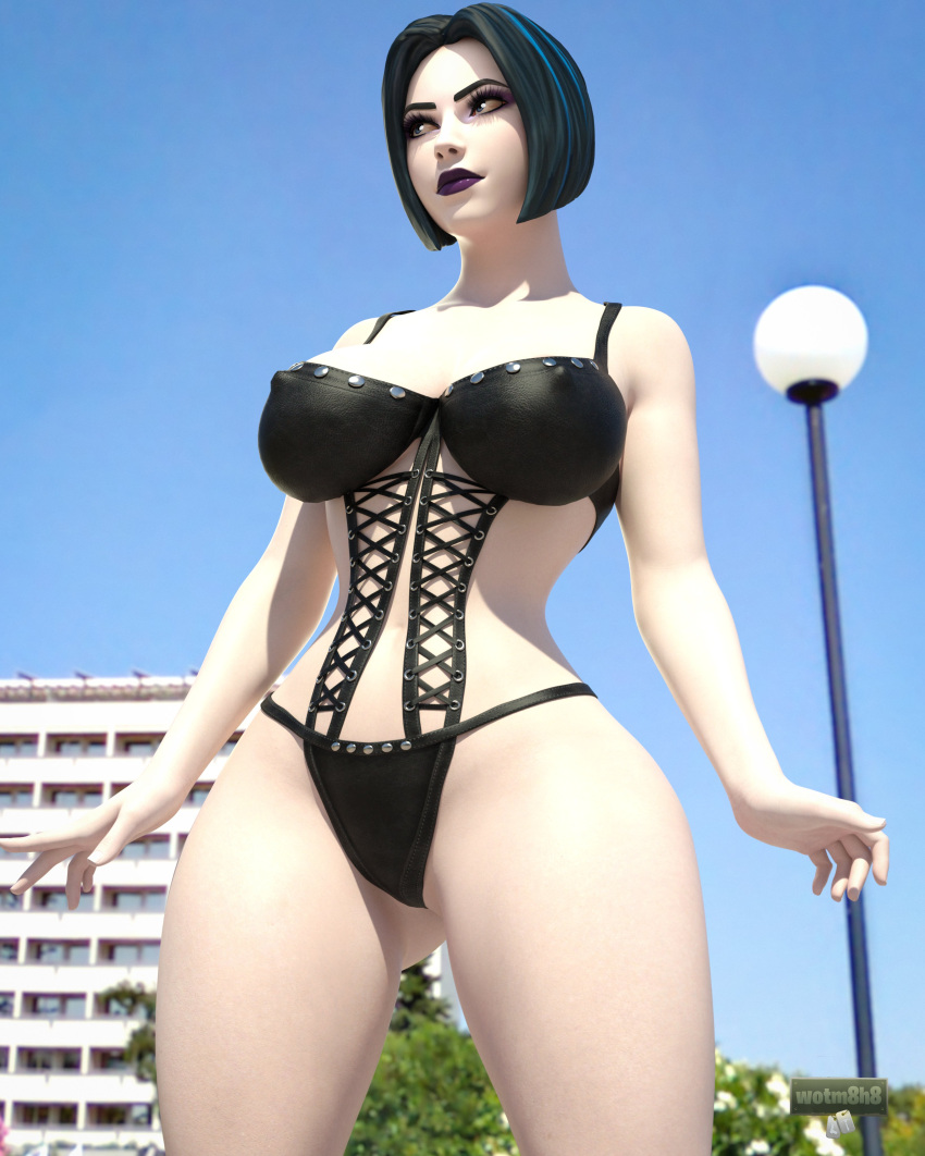 1girl 1girl 1girl 3d 3d_ (العمل الفني) الخلفية big_breasts black_lingerie dark_blue_hair day dc_comics female_only fortnite goth lingerie lingerie lipstick looking_at_viewer nipple_bulge خارج Rachel_Roth Raven_ (dc) teen_titans shicay_hibhys white_sin